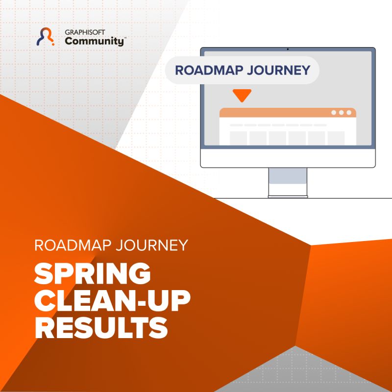 Abbildung eines Computerbildschirms mit den Worten „Roadmap Journey“ und „Spring Clean-Up Results“ unter einem „Graphisoft Community“-Logo auf einem geometrischen orange-weißen Hintergrund, der einen Entwurf automatisch gespeicherter Daten zeigt.