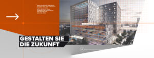 Eine elegante Darstellung eines modernen architektonischen Gebäudedesigns mit einer Rasterüberlagerung, ergänzt durch „Gestalten Sie die Zukunft“ auf einem schwarzen Banner. Diese Vision wird mit der Präzision von Archicad 28 umgesetzt und verkörpert zielgerichtete Pläne für zukunftsorientierte Kreativität.