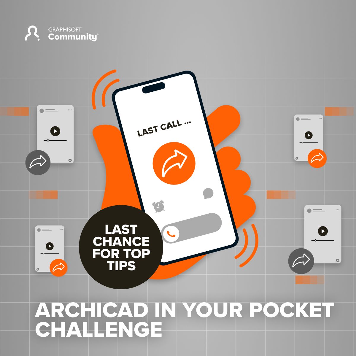 Abbildung einer Hand, die ein Telefon hält, auf dem die Meldung „Letzter Anruf“ angezeigt wird. Der Text lautet: „Letzte Chance für Top-Tipps. Nehmen Sie an der Archicad Pocket Challenge teil.“