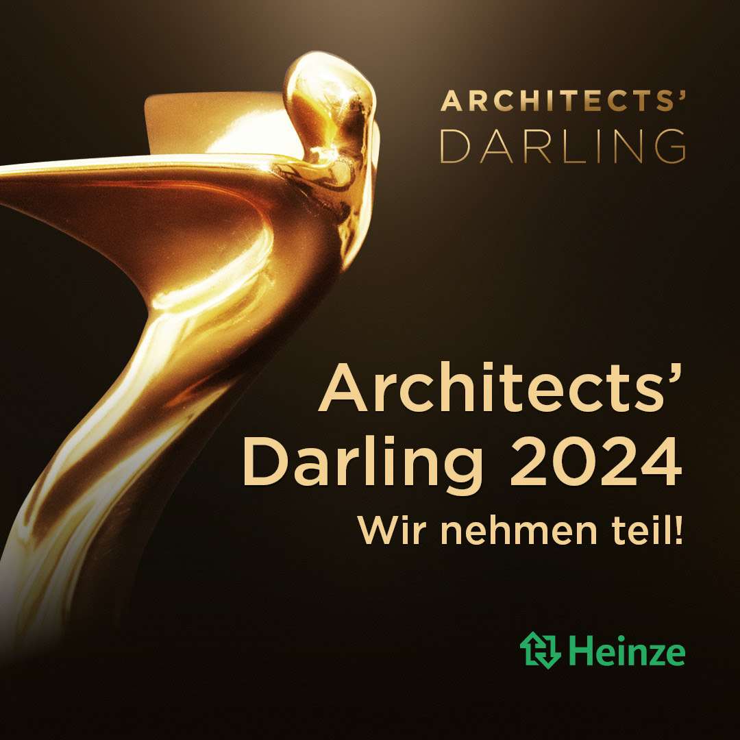 Goldene Trophäe vor dunklem Hintergrund mit dem Text: „Architects‘ Darling 2024, Wir nehmen teil! Ihre Stimme zählt“ und dem Heinze-Logo unten rechts.