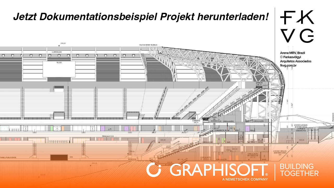 Architekturdiagramm eines Stadions mit deutschem Text „Jetzt Dokumentationsbeispiel Projekt herunterladen!“ und Logos für Graphisoft, FKVC und „Building Together“ unten.