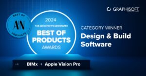 Grafik, die GRAPHISOFT als Gewinner der Kategorie „Best of Products Awards 2024“ für Design- und Build-Software präsentiert, mit dem innovativen BIMx-Tool und der Kompatibilität mit Apple Vision Pro.