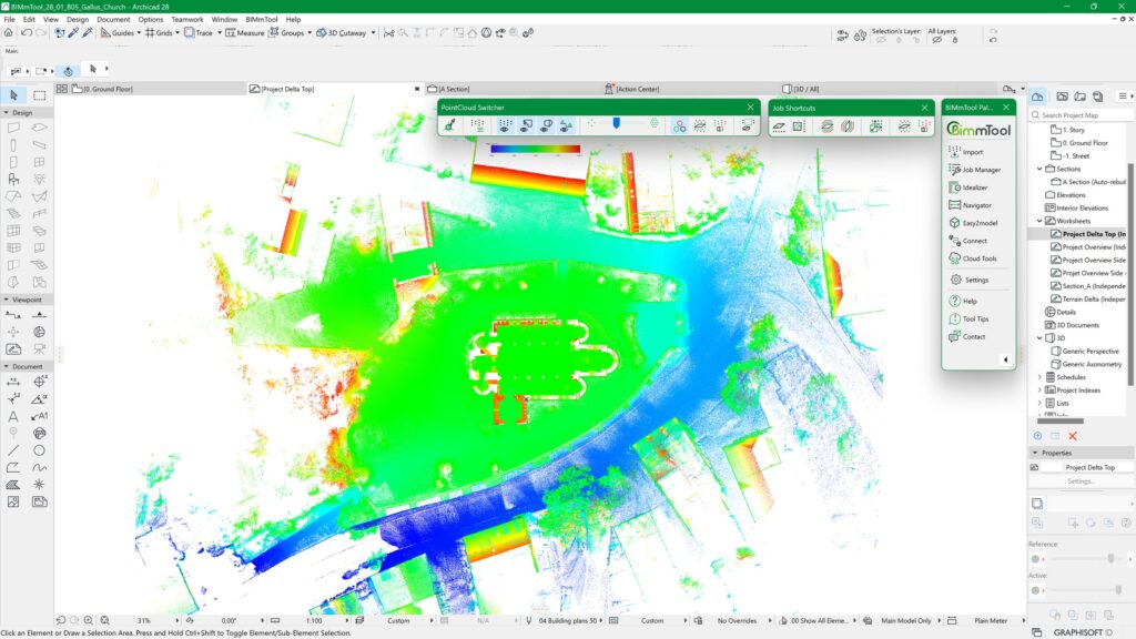 Analyse von Satellitenbildern in einer Softwareschnittstelle, die eine farbenfrohe thermische oder topografische Karte mit verschiedenen Tools und Datenebenen auf einem Computerbildschirm anzeigt.