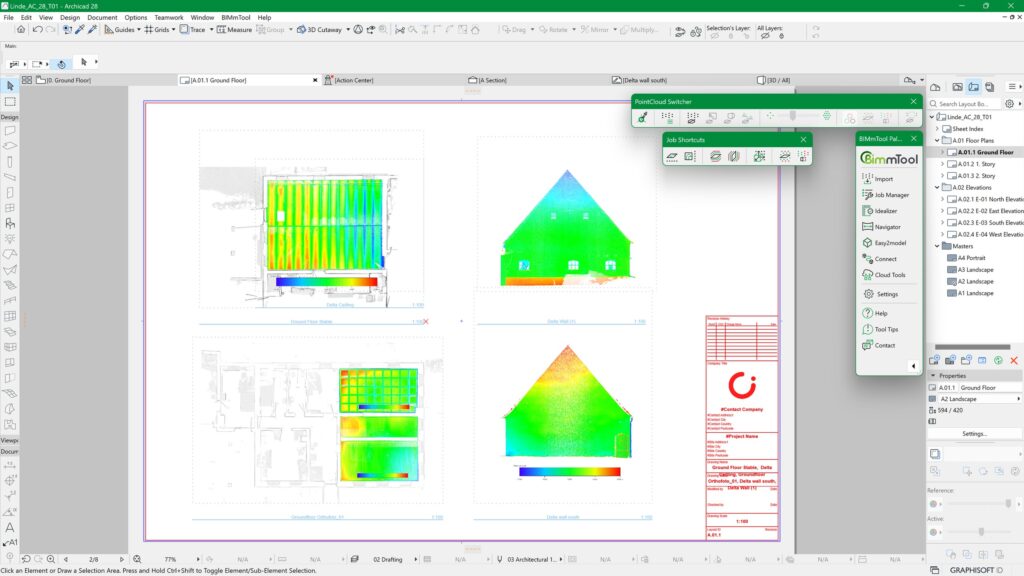 Screenshot einer Softwareschnittstelle, die Wärmeanalysediagramme von Gebäudeabschnitten anzeigt, wobei Farbverläufe Temperaturschwankungen anzeigen. Oben und an den Seiten sind Tools und Menüs sichtbar.