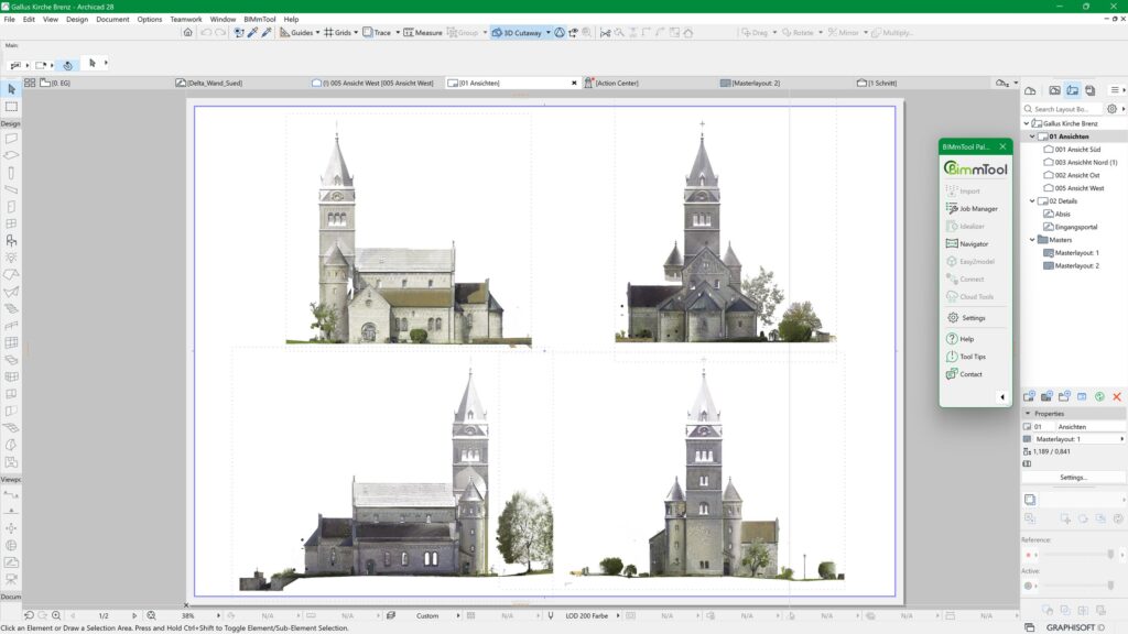 Screenshot einer Architekturdesign-Software, der die Vorder-, Rück- und Seitenansicht eines Kirchenmodells mit einem hohen Turm und Bogenfenstern in einem Rasterlayout zeigt.