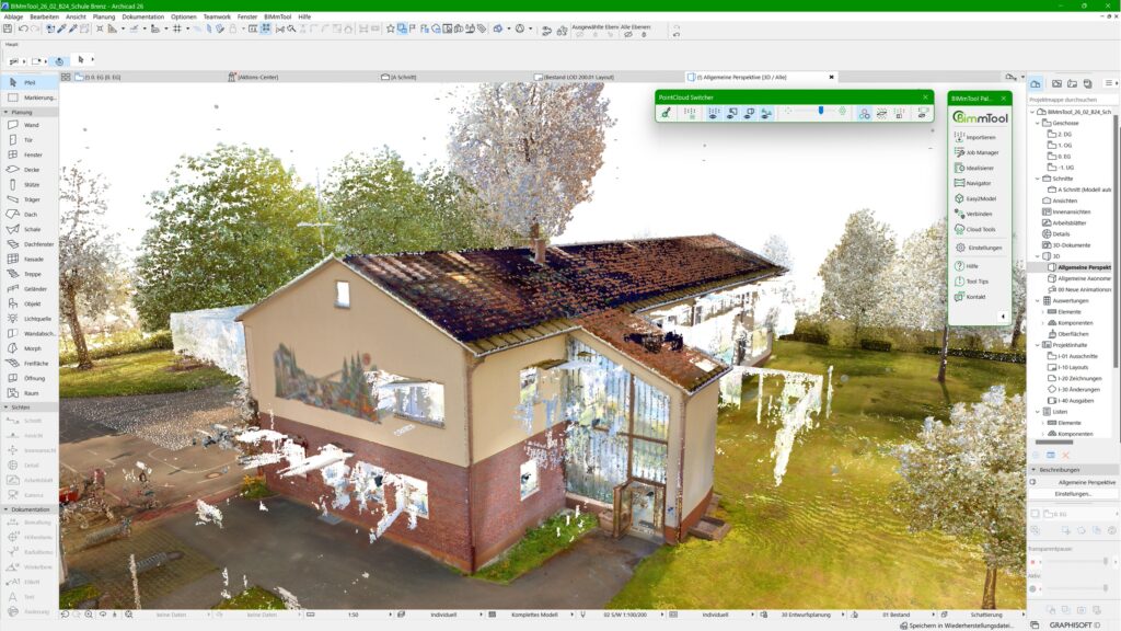 3D-Architektur-Rendering eines zweistöckigen Hauses mit umgebenden Bäumen in einer Modellierungssoftware-Schnittstelle.