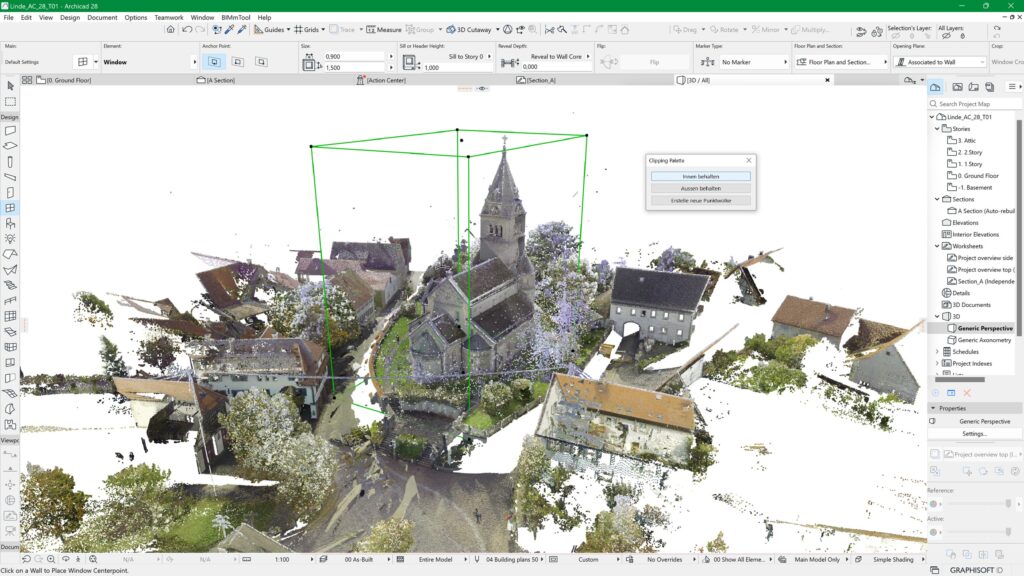 Ein 3D-Architekturmodell eines Dorfes mit einer zentralen Kirche, umgeben von verschiedenen Gebäuden, das mithilfe einer Designsoftware auf einem Computerbildschirm angezeigt wird.