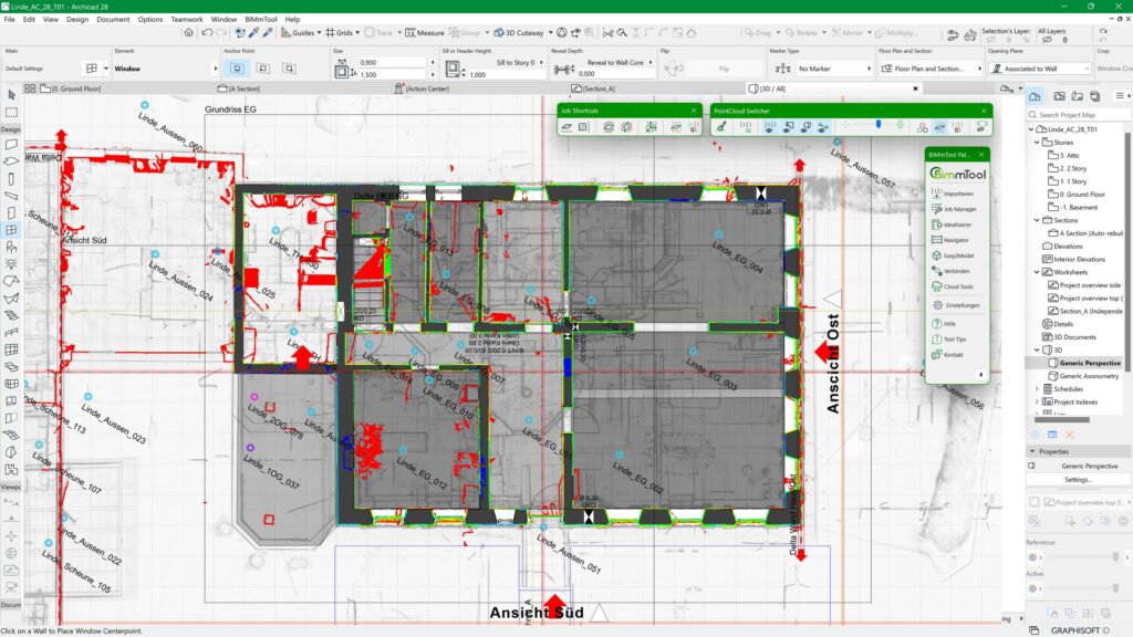 Auf einem Computerbildschirm wird eine Architekturentwurfssoftware angezeigt, die einen detaillierten Grundriss mit Maßangaben und Anmerkungen zeigt.