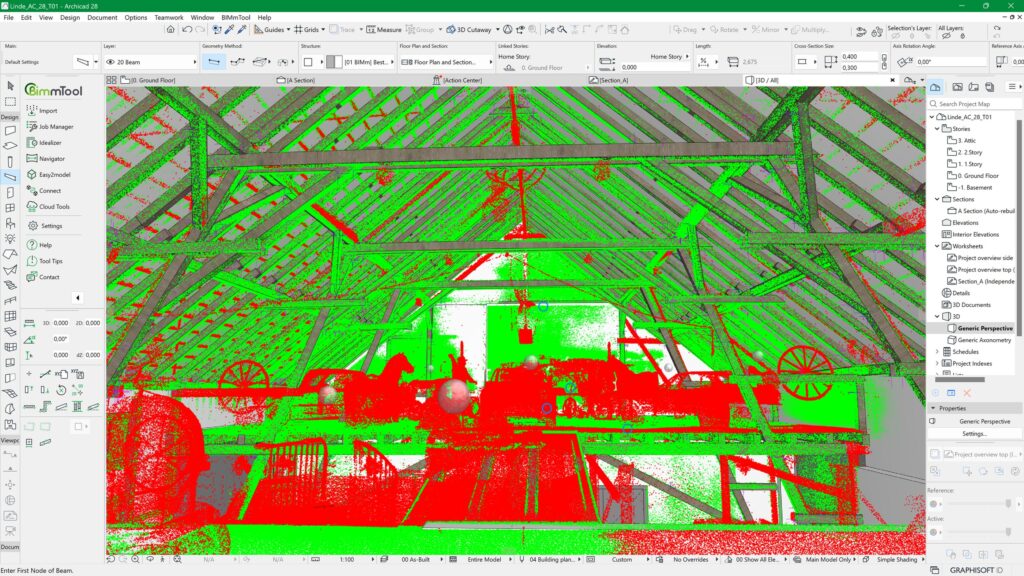 Auf einem Computerbildschirm wird ein 3D-Architekturmodell angezeigt, das eine detaillierte Ansicht einer hölzernen Dachkonstruktion mit Balken und verschiedenen darunter liegenden Objekten zeigt, die in Rot und Grün hervorgehoben sind.