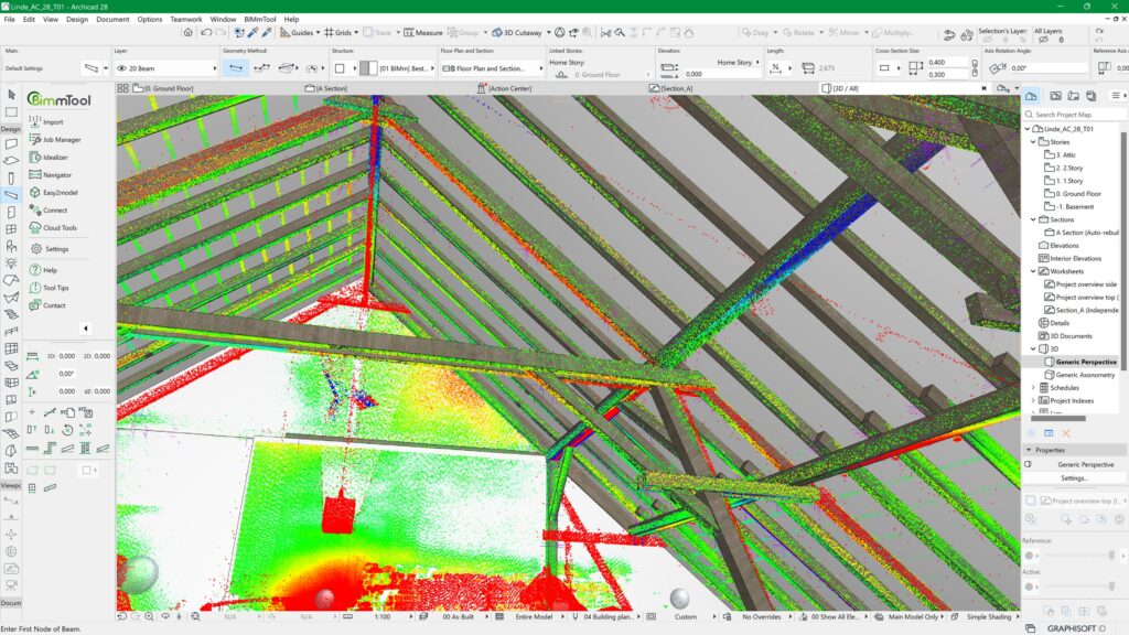 Screenshot der Benutzeroberfläche einer 3D-Architekturmodellierungssoftware, die eine Punktwolkendarstellung der Dachkonstruktion eines Gebäudes mit farbigen Datenpunkten anzeigt.