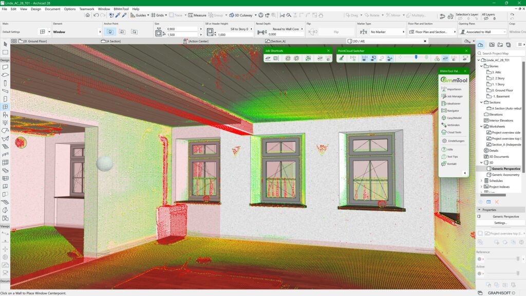 Screenshot eines 3D-Gebäudemodells in der Benutzeroberfläche einer Designsoftware, das farbige Messdaten von Wänden, Fenstern und der Decke zeigt. Verschiedene Symbolleisten und Menüs sind sichtbar.