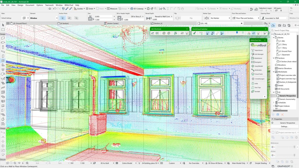 3D-Architekturdarstellung eines Raums mit farbigen Linien, die strukturelle Details und Fenster an einer Wand zeigen.