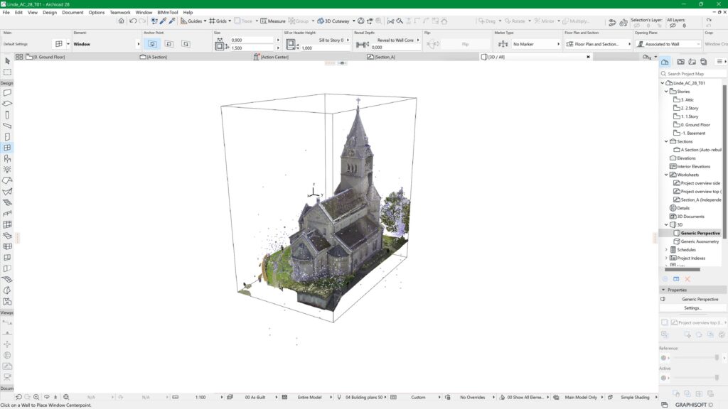 3D-Modell einer Kirche, angezeigt in der Benutzeroberfläche einer Architektursoftware, mit einer Schnittansicht innerhalb der Grenzen eines virtuellen Kastens.