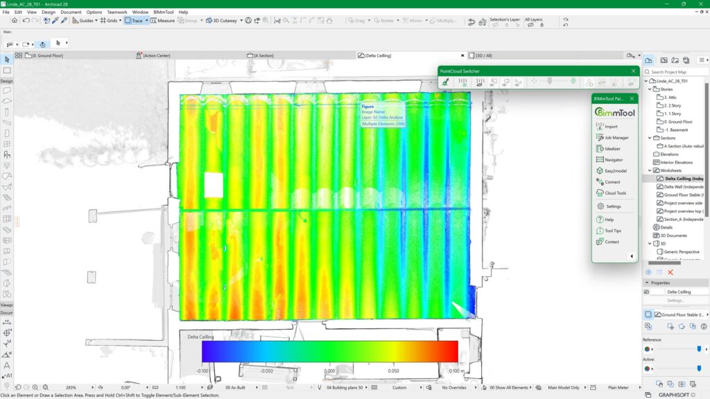 Die Heatmap-Analyse wird auf der Schnittstelle einer CAD-Software angezeigt und zeigt farbige Farbverläufe von Blau nach Rot, die die Temperaturverteilung über einen rechteckigen Gebäudegrundriss darstellen.