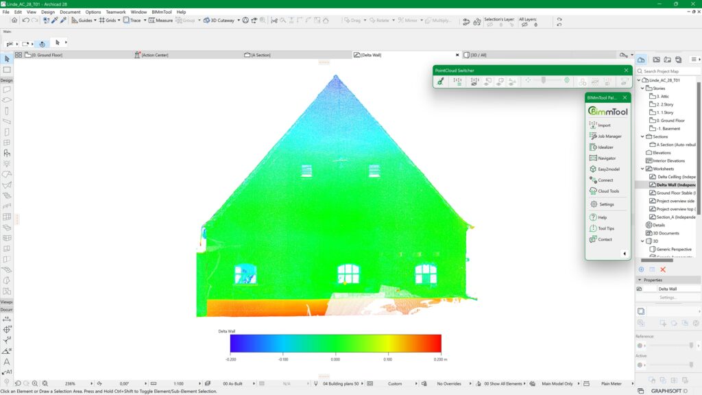 Buntes, abgestuftes 3D-Modell eines Hauses, angezeigt in einer CAD-Software, mit einem Spektrum von Blau oben bis Rot unten, wobei auf dem Bildschirm verschiedene Werkzeugfelder sichtbar sind.