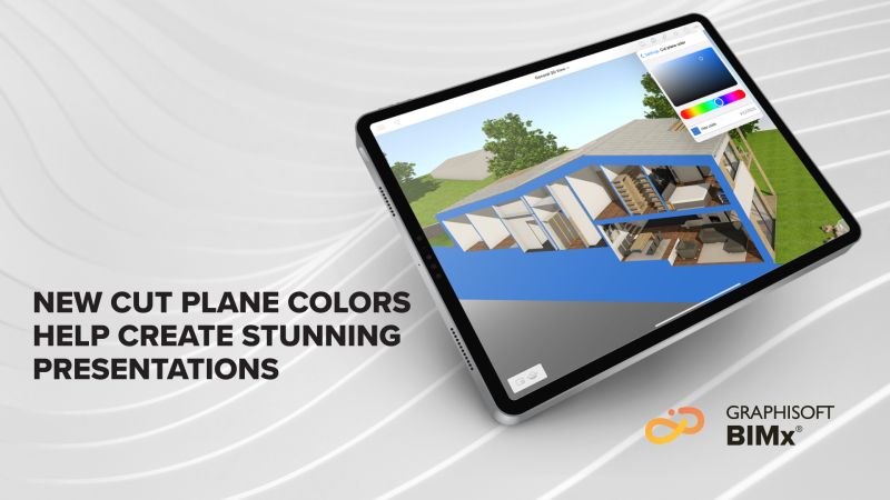 Ein Tablet, das ein BIM (Building Information Model) mit Schnittebenenfarben anzeigt. Der Text lautet: „Neue Schnittebenenfarben helfen beim Erstellen beeindruckender Präsentationen.“ Unten rechts befindet sich das Logo der Graphisoft BIMx-App.