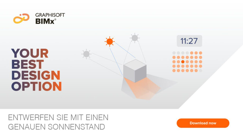 Werbegrafik für GRAPHISOFT BIMx, die die präzise Sonnenstands-Positionierung zeigt, mit den Texten „Your Best Design Option“ und „Entwerfen Sie Mit Einen Genauen Sonnenstand“. Neue Möglichkeiten erwarten Sie. Der Download-Button ist enthalten.