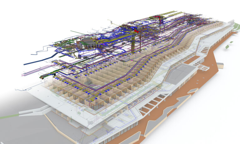 3D-Modell der mechanischen, elektrischen und sanitären Systeme eines Gebäudes, das komplexe Netzwerke aus Rohren, Kanälen und Verkabelungen auf mehreren Stockwerken zeigt.