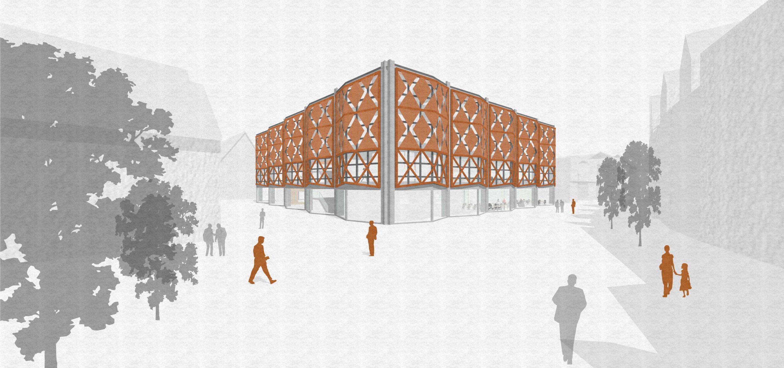 Architektonische Illustration eines modernen Gebäudes mit einer komplexen Fassade, erstellt mit Archicad, umgeben von Menschen und Bäumen in einer minimalistischen urbanen Umgebung. Perfekt für die Präsentation am Modeling Monday.