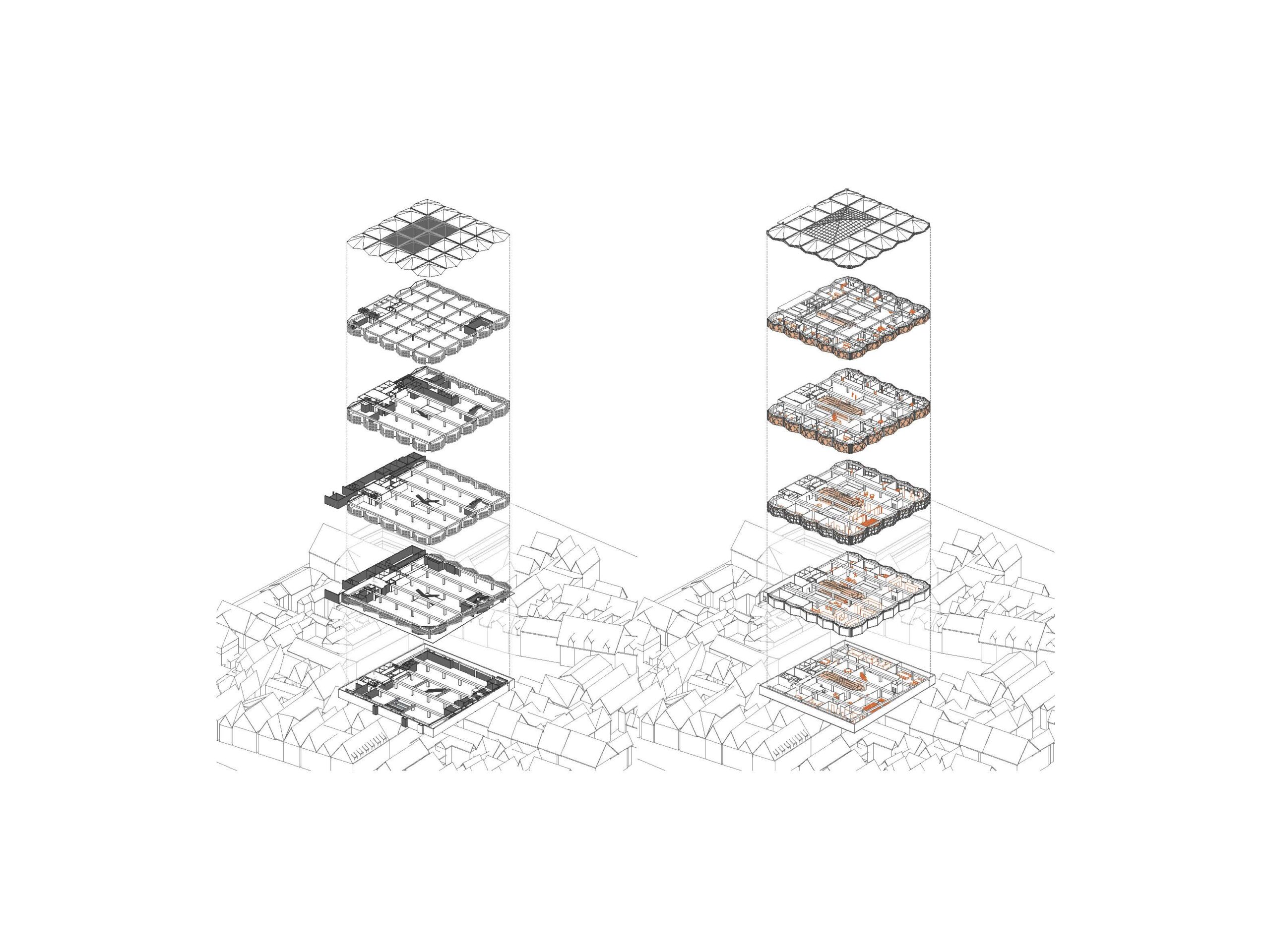 Zwei vertikale Baukörper zeigen kompakte, geschossweise Architekturentwürfe. Die umgebenden Umrisse suggerieren die Nähe zu einem dicht bebauten Stadtgebiet.