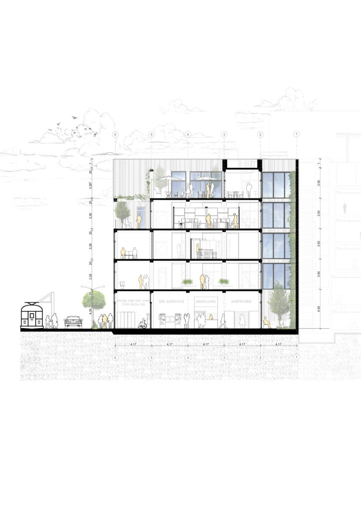 Architektonischer Querschnitt eines modernen mehrstöckigen Gebäudes mit Innenräumen, Fenstern, Balkonen und verschiedenen Grundrissen. Außerhalb des Gebäudes sind Bäume, Menschen und eine Straßenbahn zu sehen. Dieses komplexe Design fängt den Geist des Modeling Monday mit fortschrittlichen Tools wie Archicad ein.