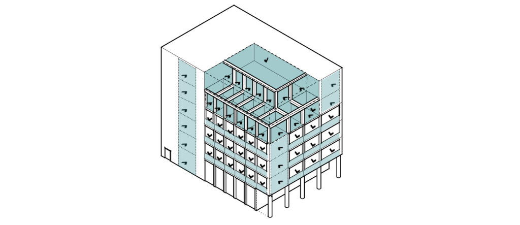 Eine isometrische 3D-Architekturzeichnung eines mehrstöckigen Gebäudes mit komplexem Grundriss, erstellt mit Archicad. Es verfügt über eine offene Dachkonstruktion und Säulen, die den unteren Teil stützen.