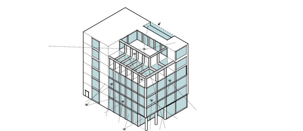 Isometrische Architekturzeichnung eines mehrstöckigen Gebäudes, erstellt mit Archicad, mit Querschnittsansichten von Innenräumen und Strukturkomponenten sowie beschrifteten Anmerkungen, die auf verschiedene Elemente verweisen.