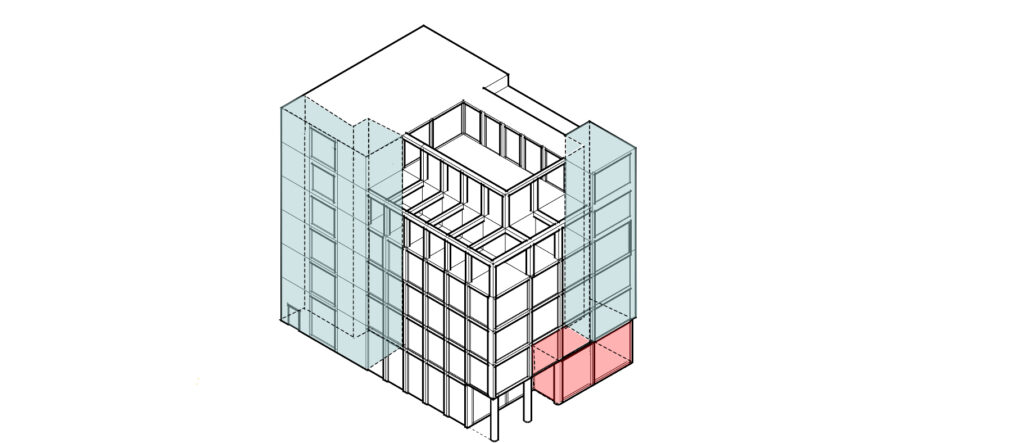 Isometrische Zeichnung eines mehrstöckigen Gebäudes, erstellt in Archicad, mit hervorgehobenen Bereichen in Grün und Rot, die verschiedene Abschnitte der Struktur anzeigen.