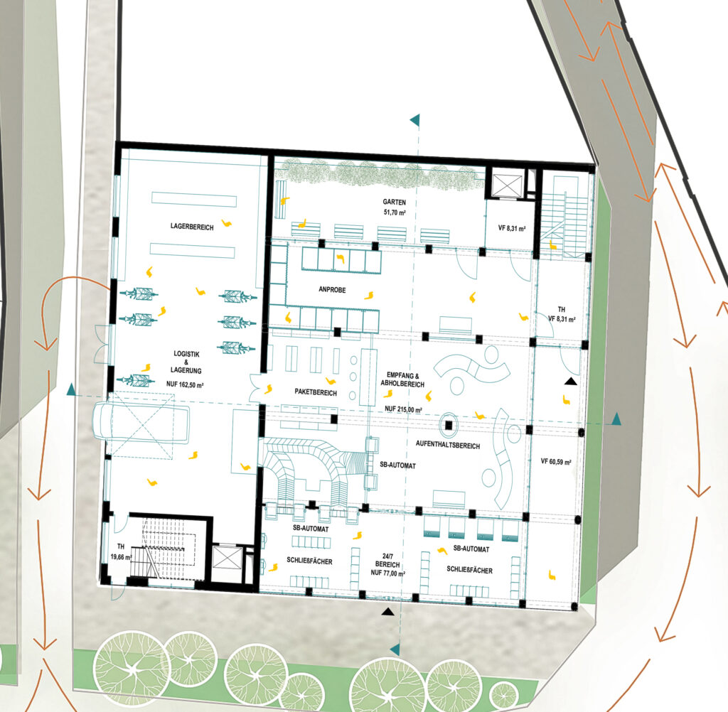 Architektonischer Grundriss eines Gebäudes, erstellt mit Archicad Modeling, der verschiedene Räume und beschriftete Bereiche zeigt, darunter Logistikbereiche, Lager, Toiletten und Büroräume. Pfeile zeigen Bewegungspfade an.