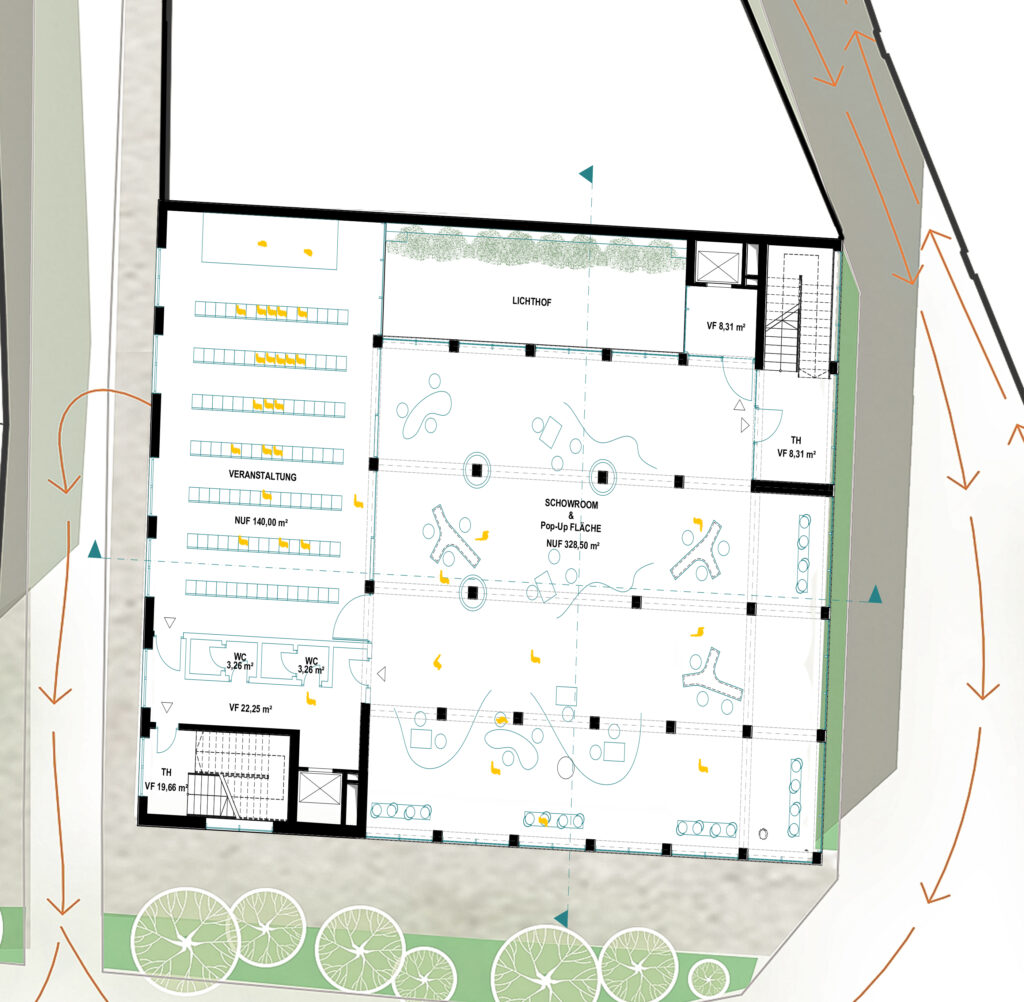 Dies ist ein Archicad-Grundriss, der verschiedene Räume, Flächen und Anmerkungen zeigt, darunter Parkplätze, Veranstaltungsflächen und Ausstellungsräume. Um den Gebäudegrundriss herum sind Wege und Landschaftselemente sichtbar.