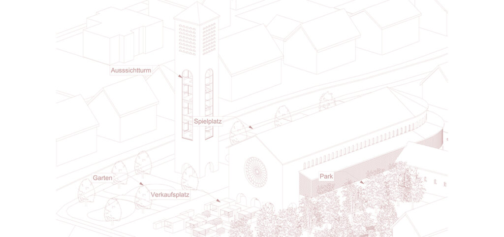 Ein Architekturdiagramm zeigt einen Kirchenkomplex. Zu den bemerkenswerten Merkmalen gehören ein Glockenturm, ein Garten, ein Spielplatz, ein Park und ein Verkaufsbereich. Der automatisch gespeicherte Entwurf zeigt verschiedene Gebäude und Strukturen in der Umgebung.