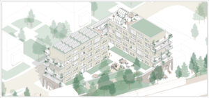 Abbildung eines modernen Apartmentkomplexes, entworfen mit Archicad, mit grünen Dächern und mehreren Balkonen. Umgeben von üppigen Bäumen und stilvollen Sitzbereichen im Freien verkörpert diese Vision die Essenz des Engagements von WohnWelten für nachhaltige Wohnräume.