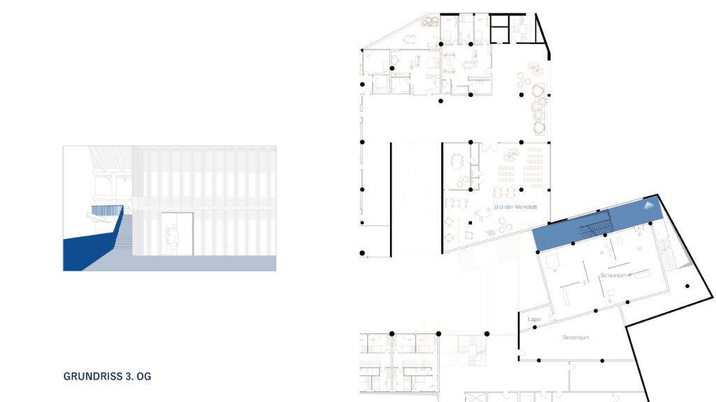 Architektonischer Grundriss des dritten Stocks des Gebäudes, erstellt mit Archicad. Er zeigt Raumaufteilungen und Ausstattungen sowie links eine Querschnittsansicht von der Seite. Beschriftet mit „GRUNDRISS 3. OG“.