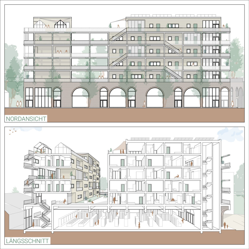 In Archicad zeigen die Architekturpläne dieses mehrstöckigen Gebäudes anschaulich alle Details. Oben ist eine Nordansicht dargestellt, während unten im Längsschnitt mit seiner komplexen Innenaufteilung der Treppenhäuser und verschiedenen Räume der typische Stil von Torben Schönenberg deutlich wird.