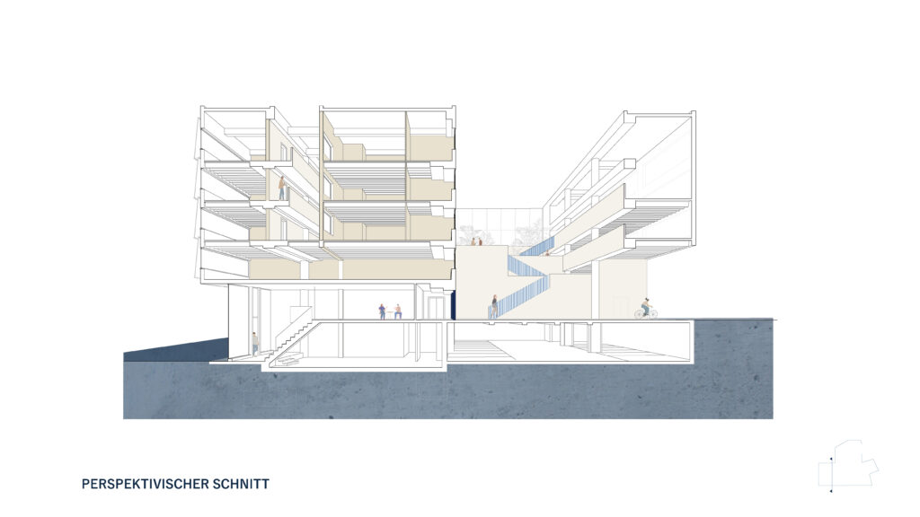 Entdecken Sie Sara Higgs‘ mit Archicad gerenderte architektonische Querschnittsillustration, die die komplizierten Details eines mehrstöckigen Gebäudes mit seinen sichtbaren Innenräumen, Treppen und Strukturelementen enthüllt, die im atemberaubenden Blaupause-Stil erfasst wurden.