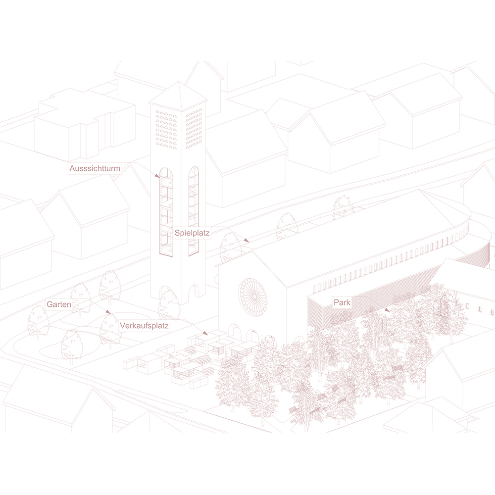 Ein in Archicad erstelltes Architekturdiagramm zeigt beschriftete Bereiche eines Gebäudekomplexes, darunter einen Aussichtsturm, einen Spielplatz, einen Garten, einen Verkaufsplatz und einen Park. Perfekt für die Präsentation am Modeling Monday.