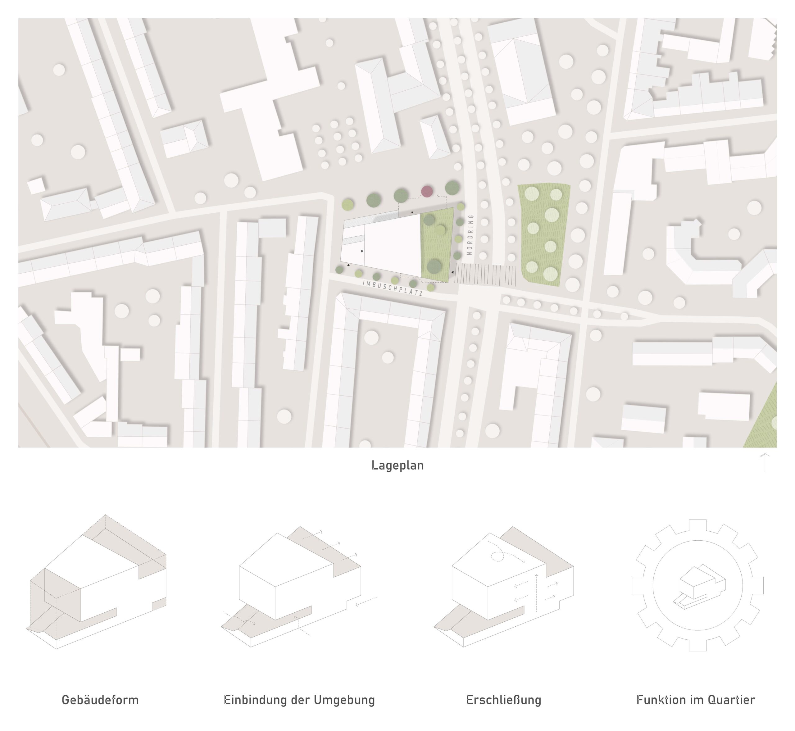 Architektonischer Lageplan aus der Luft, der die Integration eines dreieckigen Gebäudes in die umliegenden Straßen, Grünflächen und angrenzenden Gebäude zeigt, mit drei kleineren Diagrammen, die zusätzliche Details darstellen.