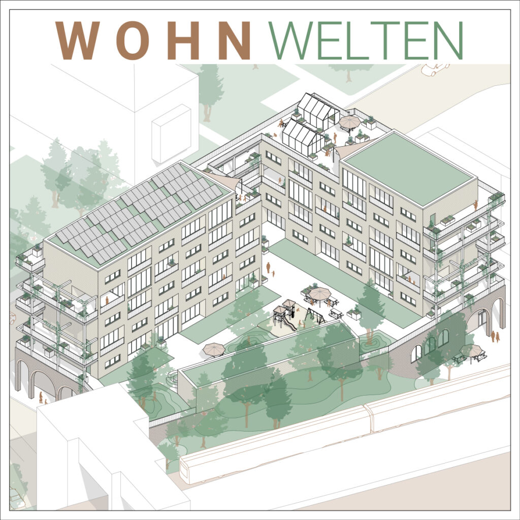 Abbildung eines mehrstöckigen Wohngebäudes mit Dachgärten und Terrassen, umgeben von Bäumen, mit der Aufschrift „Wohn Welten“. Dieses Archicad-Meisterwerk verkörpert nachhaltiges Wohnen und innovatives Design.