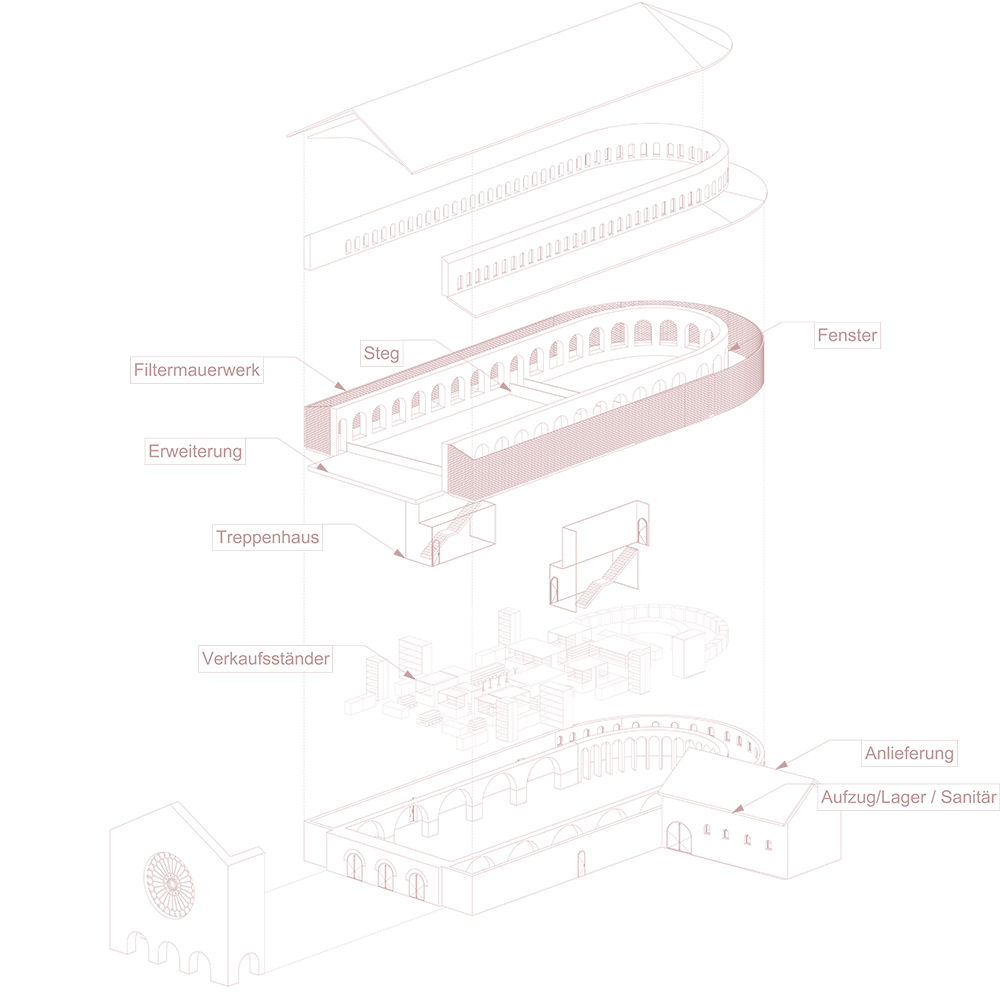 Isometrisches Architekturdiagramm mit detaillierten Beschriftungen verschiedener Komponenten eines mehrstöckigen Gebäudes, darunter „Filtermauerwerk“, „Fenster“, „Stieg“, „Erweiterung“, „Treppenhaus“ und „Verkaufsständer“. Perfekt für Archicad-Enthusiasten am Modeling Monday.