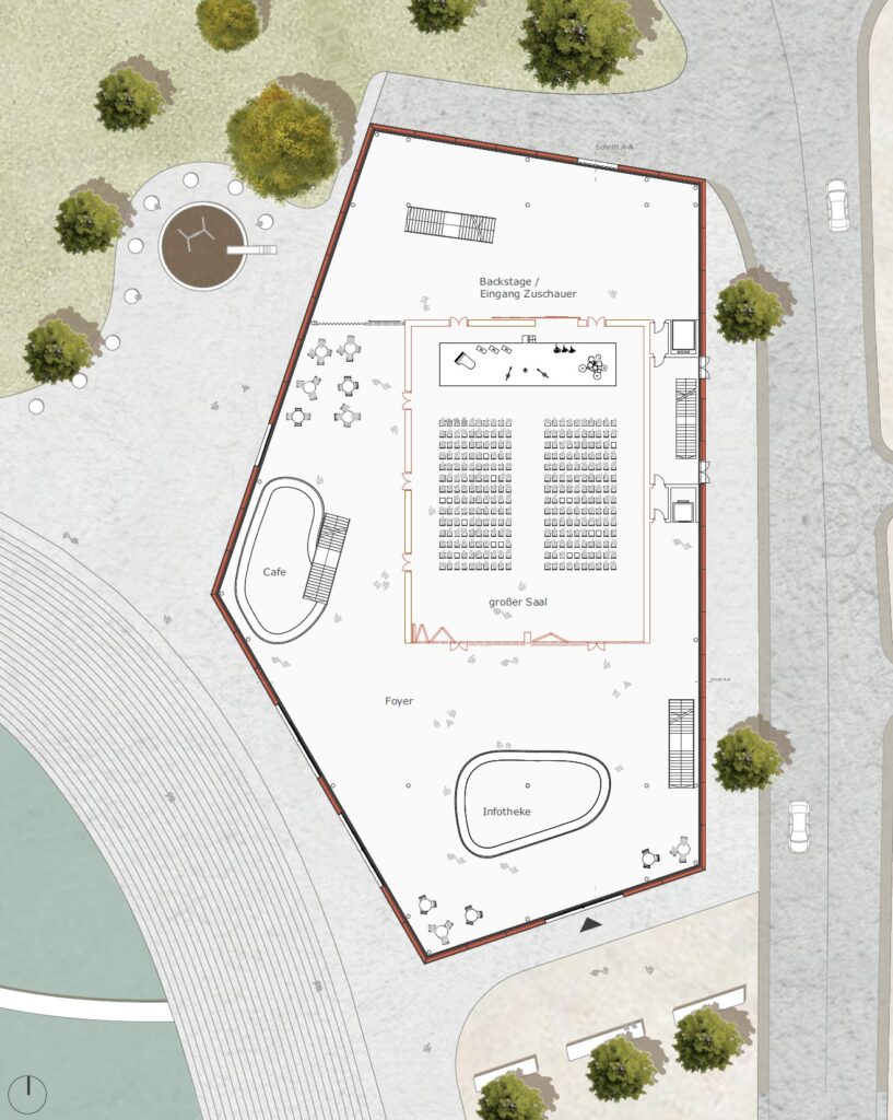 Architektonischer Grundriss eines Gebäudes mit einer großen zentralen Halle, einem umlaufenden Foyer und einem Café. Es wurde mit Archicad für Präzision in Kurven und Ecken entworfen und verfügt über zwei Treppen und Außenbereiche mit Bäumen und Straßen. Dieses Meisterwerk erinnert an Gurur Gümüshans innovativen Stil.