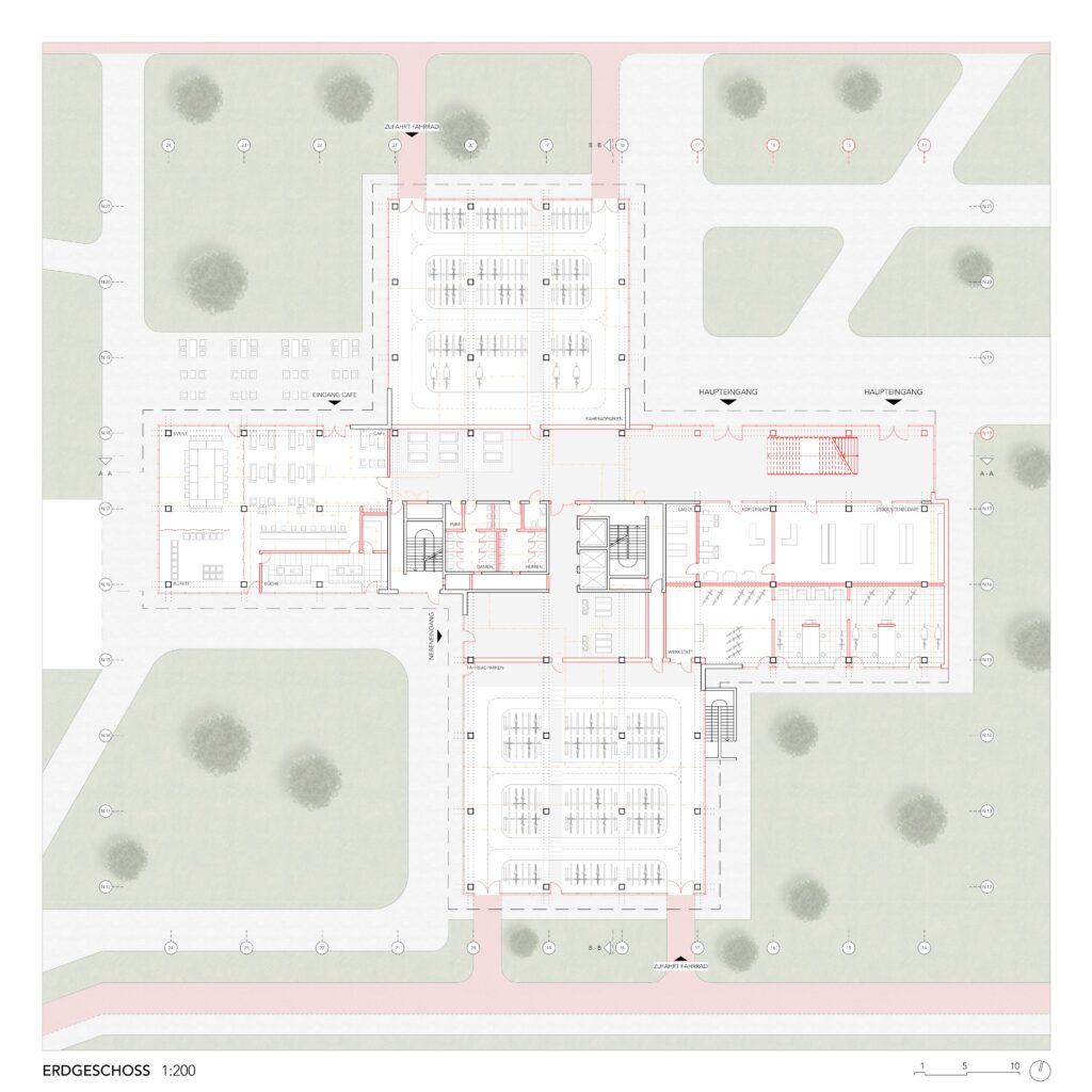 Architektonischer Grundriss des Erdgeschosses eines Gebäudes, sorgfältig in Archicad erstellt, mit mehreren Räumen, Eingängen, Ausgängen und umgebenden Grünflächen mit Wegen. In einigen Bereichen sind unterschiedliche Möbelanordnungen angegeben. Perfekt für die Präsentation am Modeling Monday!