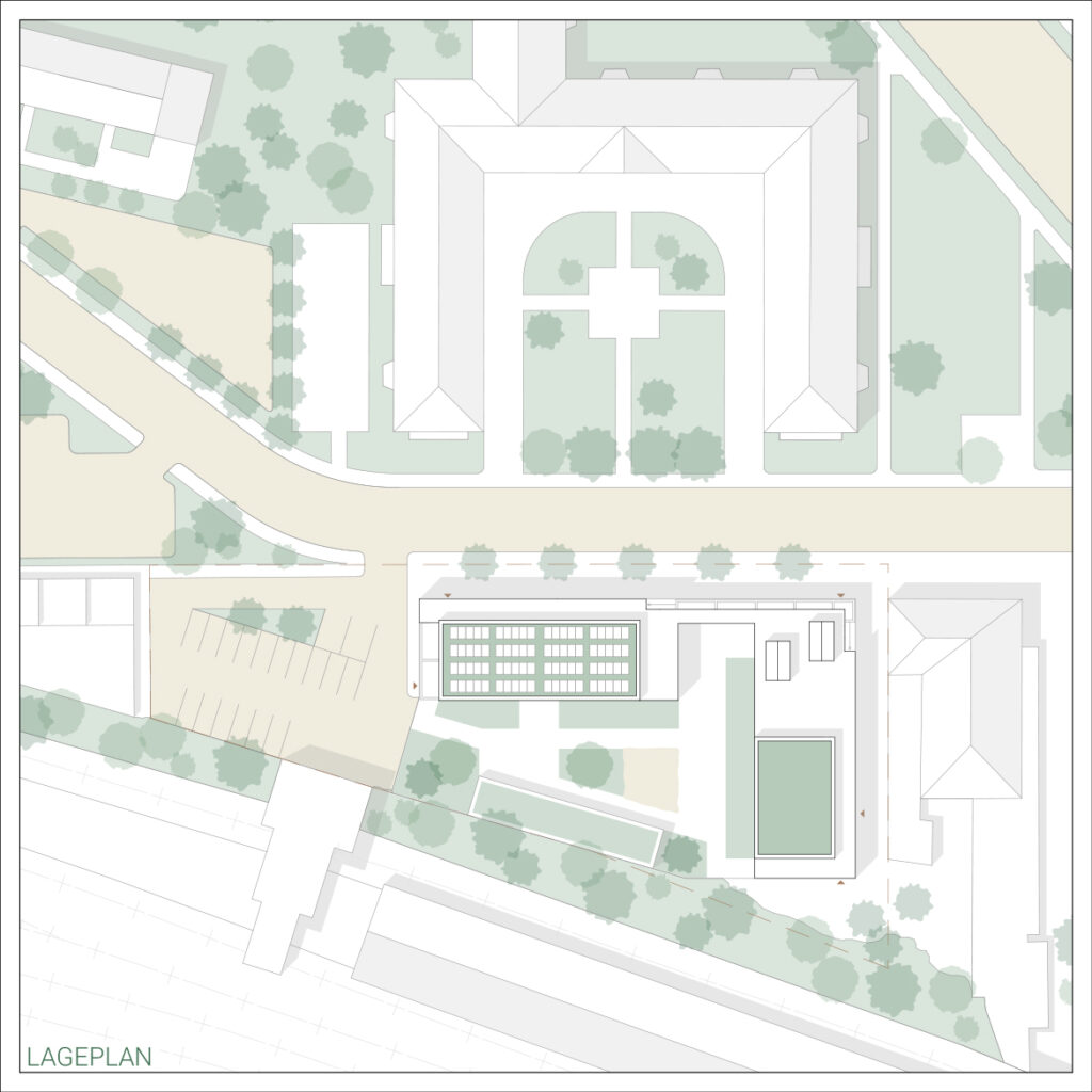 Mit Archicad erstellter architektonischer Lageplan mit Gebäudelayouts, Straßen, Parkplätzen, üppigem Grün und einem angrenzenden Poolbereich innerhalb einer rechteckigen Grenze. Inspiriert von der Ästhetik von WohnWelten.