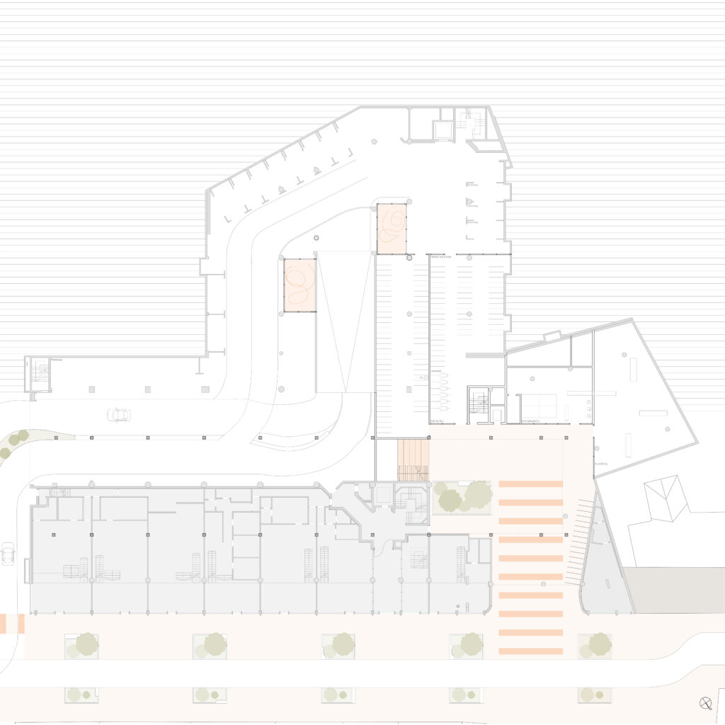 Entdecken Sie den sorgfältig mit Archicad entworfenen Grundriss mit Parkflächen und Grünflächen, die mit einer strukturierten Raum- und Fluraufteilung verflochten sind und die innovative Note zur Schau stellen, die an das architektonische Können von Anna-Lena Schraven erinnert.