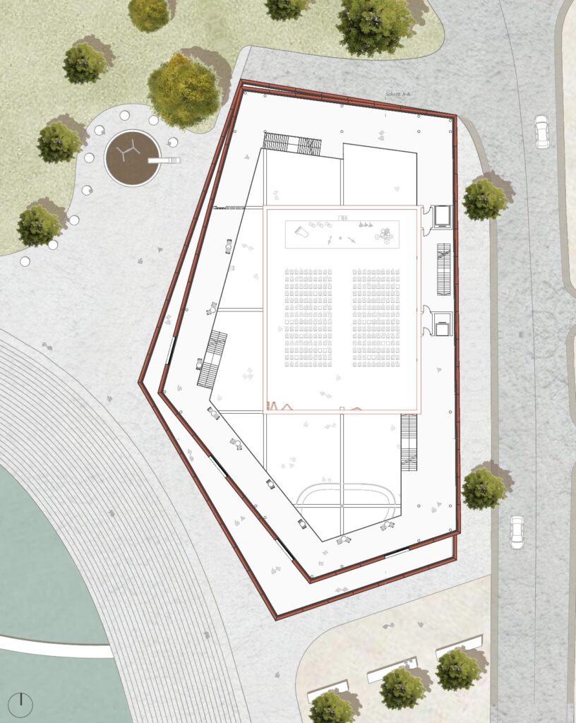 Architektonischer Bauplan eines Gebäudes mit einer einzigartigen, in Archicad entworfenen polygonalen Form, die Kurven und Ecken miteinander verbindet und von Straßen, Bäumen und einem kreisförmigen Element umgeben ist.