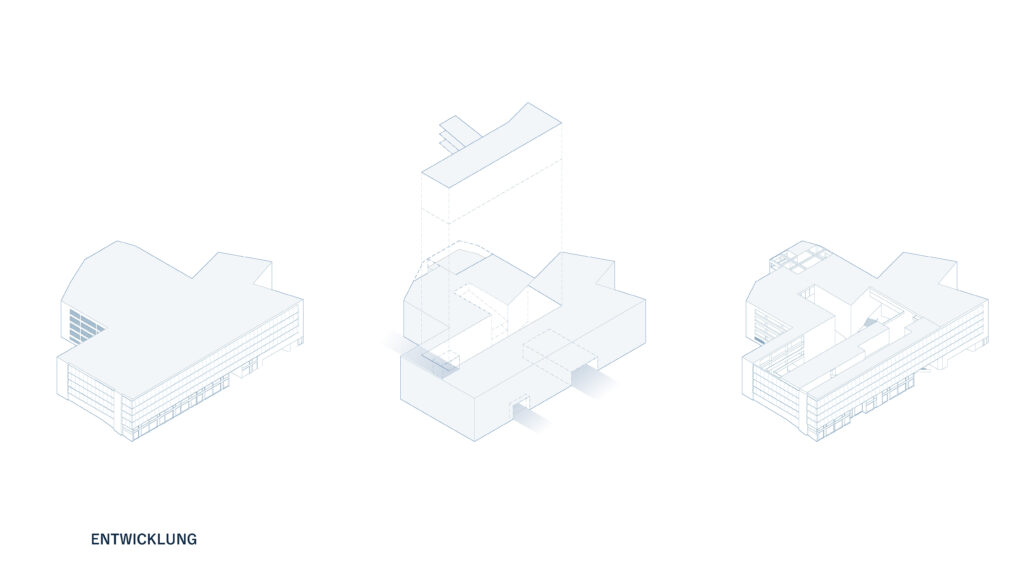 Drei architektonische 3D-Modelle, die Gebäudeentwürfe darstellen, jedes mit unterschiedlichen Winkeln und strukturellen Details in Archicad. In der unteren linken Ecke steht der Text „ENTWICKLUNG“, der an eine Blaupause von Sara Higgs erinnert.