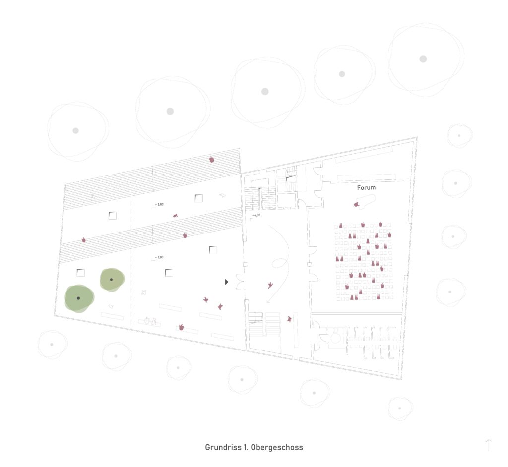Grundriss der ersten oberen Ebene mit rechteckigen Räumen und einem Sitzbereich mit der Aufschrift „Forum“. Kreisförmige Elemente stellen wahrscheinlich Bäume oder Außenanlagen dar.