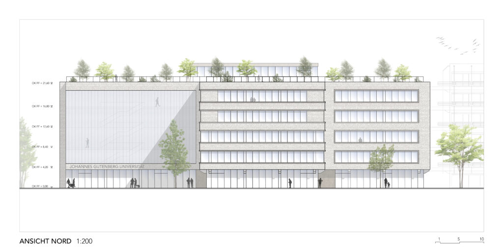 Architekturzeichnung eines modernen vierstöckigen Gebäudes mit großen Fenstern und Bäumen auf dem Dach. Menschen laufen um den Eingang herum und auf dem Dach. Unten mit der Beschriftung „ANSICHT NORD 1:200“ versehen.