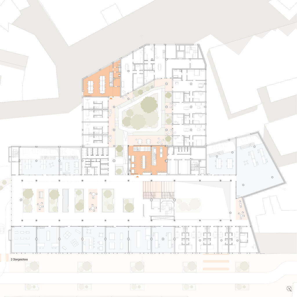 Entdecken Sie diesen mit Archicad entworfenen Grundriss eines geräumigen Gebäudes, in dem Büros, Besprechungsräume und Gemeinschaftsbereiche einen zentralen, mit Bäumen geschmückten Innenhof umgeben.