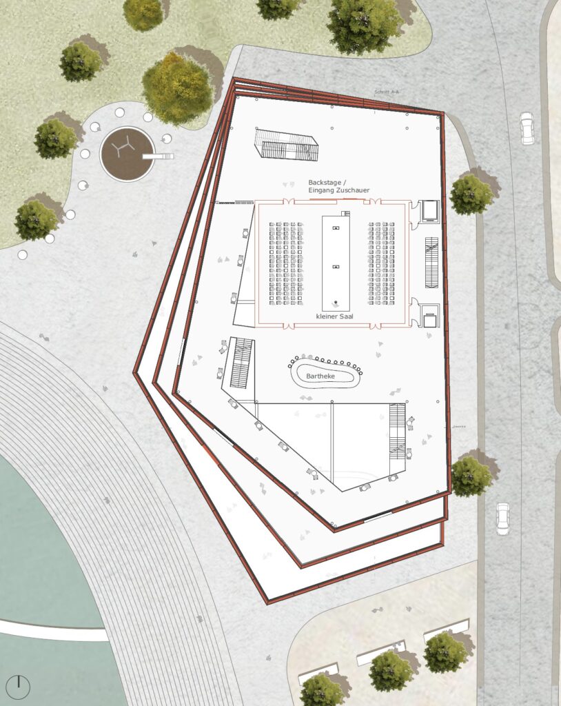 Architektonischer Grundriss eines modernen Gebäudes von Gurur Gümüshan, erstellt in Archicad mit einem abgewinkelten Design, das Kurven und Ecken harmonisiert. Es umfasst eine Sitzanordnung, eine Bühne und eine umgebende Landschaft mit Wegen, Bäumen und einem kreisförmigen Element, das den äußeren Charme verstärkt.