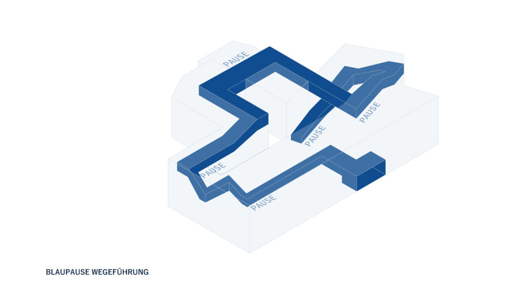 Abstraktes 3D-Diagramm blauer Wege mit der Aufschrift „PAUSE“, die sich durch eine durchscheinende Winkelstruktur winden und an ein Blaupause-Design in Archicad erinnern. Die Bildunterschrift lautet „BLAPAUSE WEGFÜHRUNG.